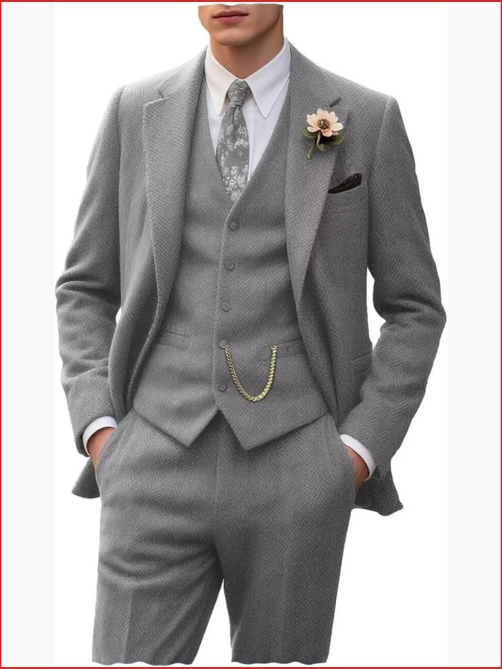 Tweed Herringbone 3-Piece Slim Fit Suit Set Jacket Vest Pants for Wedding Prom